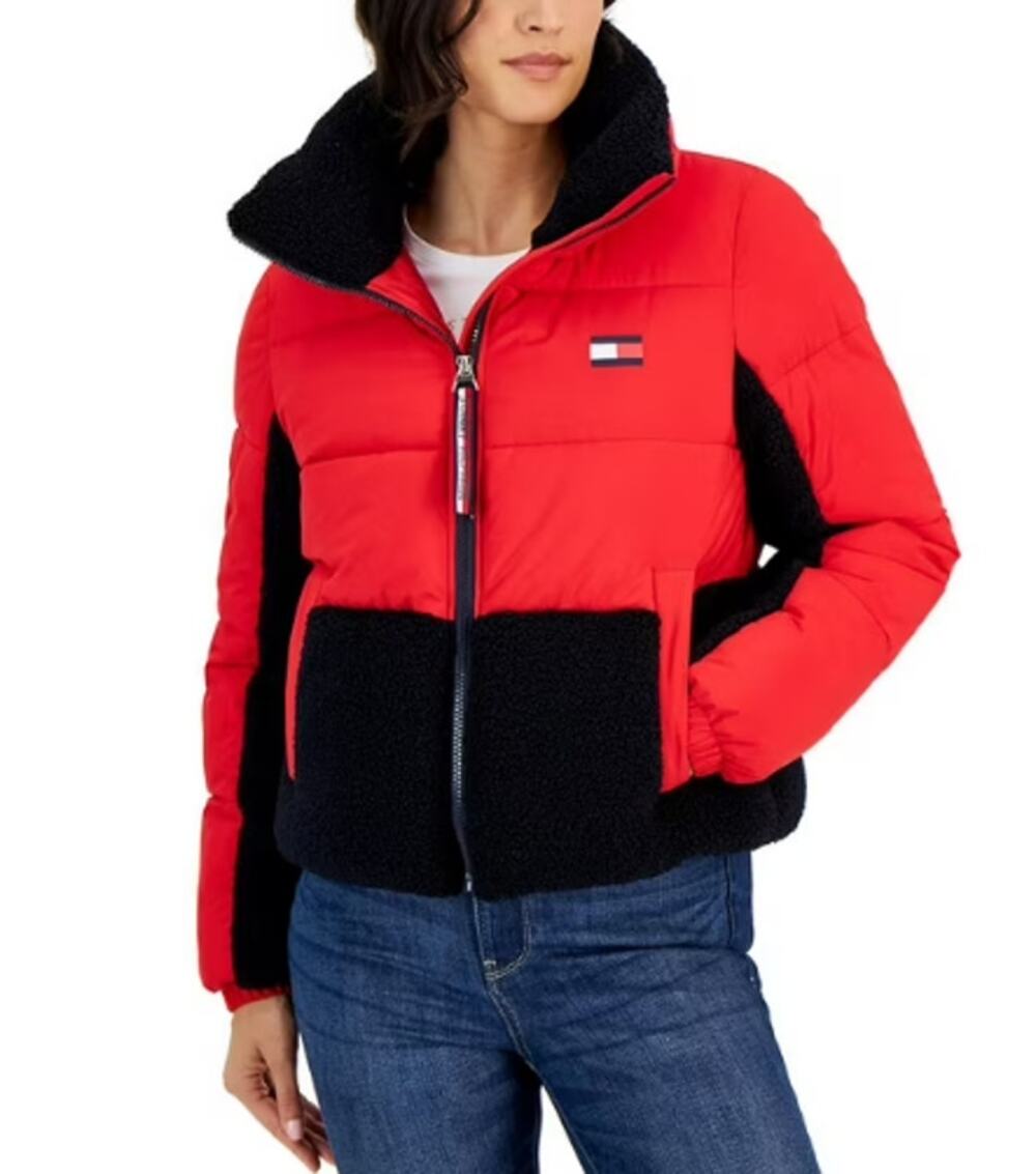 TOMMY HILFIGER Womens Colorblock Puffer Coat XL Red Black Sherpa Trim NWT